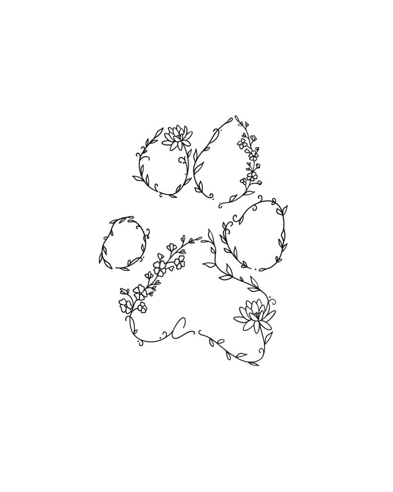May include: A black and white line drawing of a paw print made of flowers and vines.