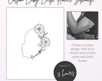 Custom Baby Side Profile Birth Flower Bouquet Tattoo Elegant Minimalist Digital Design Cricut JPEG PNG SVG
