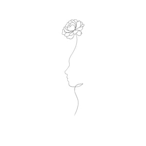May include: A minimalist line drawing of a woman's profile with a flower blooming above her head. The artwork is rendered in a single, continuous black line against a white background, creating a simple yet elegant design.