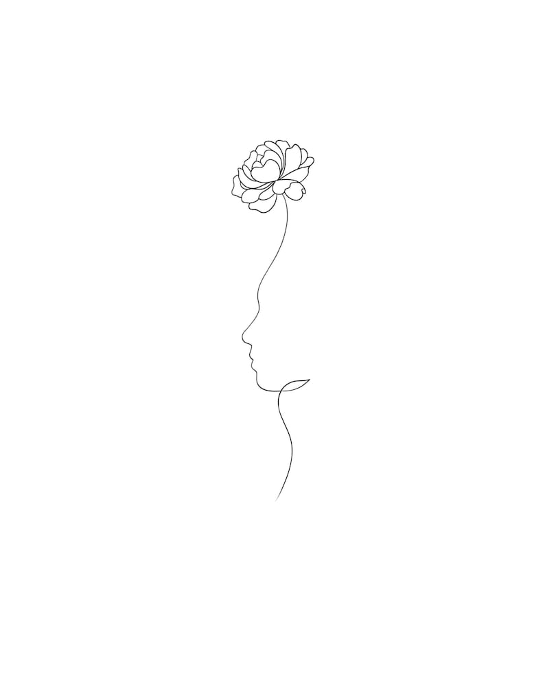May include: A minimalist line drawing of a woman's profile with a flower blooming above her head. The artwork is rendered in a single, continuous black line against a white background, creating a simple yet elegant design.