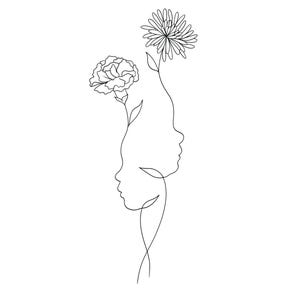 May include: A minimalist black and white line art illustration. Two profiles face each other, with flowers blooming from their heads. One flower is a carnation, the other a chrysanthemum. The artwork is simple and elegant.