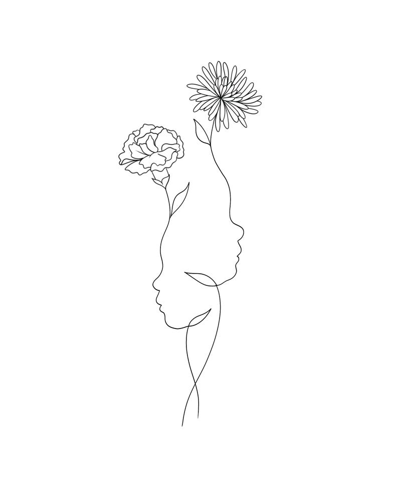 May include: A minimalist black and white line art illustration. Two profiles face each other, with flowers blooming from their heads. One flower is a carnation, the other a chrysanthemum. The artwork is simple and elegant.