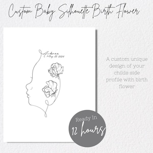 Custom Minimal Baby Side Profile Birth Flower Fine Line Mothe/Father Digital Tattoo Design Embroidery Pattern Cricut Sticker SVG JPEG PNG