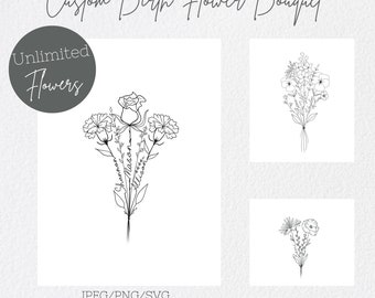 Custom Birth Flower Bouquet/Unlimited Flowers Floral Family Embroidery Digital Tatto Design Printable Cricut Stickers JPEG PNG SVG
