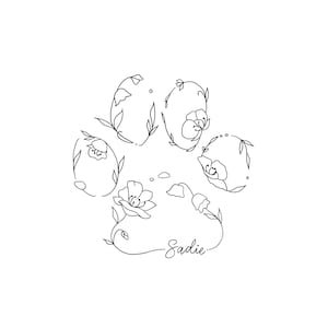 Custom Pet Memorial Paw Print Tattoo | Floral Cat Dog Loss Art | Minimalist Line Tattoo Digital Download SVG PNG JPEG Embroidery Patterns image 6