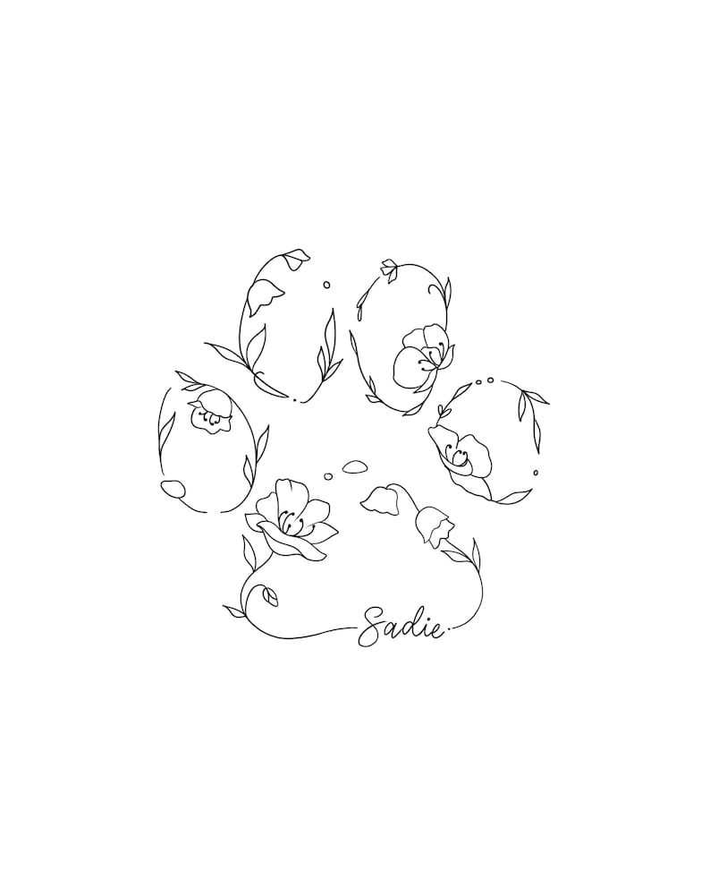 Custom Pet Memorial Paw Print Tattoo | Floral Cat Dog Loss Art | Minimalist Line Tattoo Digital Download SVG PNG JPEG Embroidery Patterns image 6