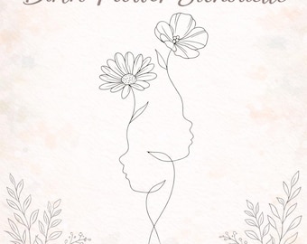 Custom Birth Flower Silhouette Portrait/ Minimalist Line Art Face Personalized Floral Outline from Photo/Memorial Gift Tattoo Design