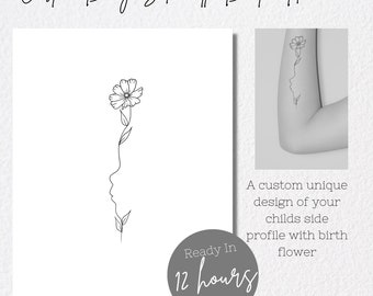 Minimalist Baby Side Profile Birth Flower Floral Silhouette Fineline Mother/Father Embroidery Digital Tattoo Design Mothers Day JPEG PNG SVG