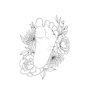Custom Floral Baby FootPrint Digital Tattoo Design Minimalist Fine Line Portrait Birth Flower Bouquet SVG PNG Cricut Embroidery Pattern