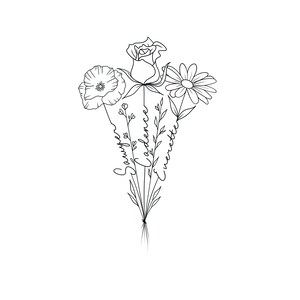 May include: Line art drawing of a bouquet of flowers with the names "Sawyer", "Cadence", and "Emmett" written in cursive on the stems.