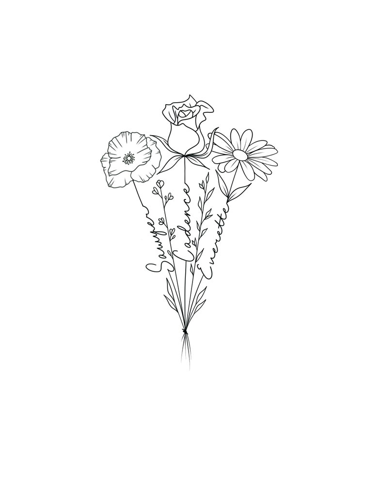 May include: Line art drawing of a bouquet of flowers with the names "Sawyer", "Cadence", and "Emmett" written in cursive on the stems.