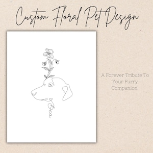 Diseño de tatuaje digital con silueta floral de mascota de línea fina minimalista personalizado, patrón de bordado imprimible conmemorativo de pérdida de mascota, calcomanía de Cricut JPEG PNG