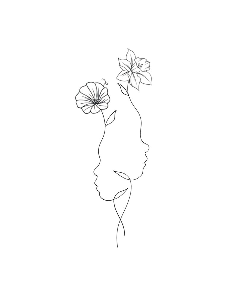 Custom Birth Flower Silhouette Portrait/ Minimalist Line Art Face Personalized Floral Outline from Photo/Memorial Gift Tattoo Design image 6
