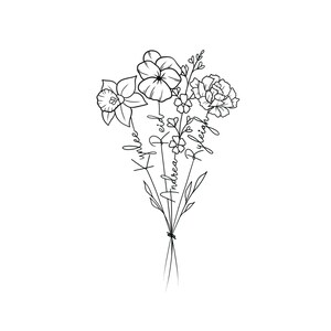 May include: A black and white line drawing of a bouquet of flowers with the names "Kymlee", "Andrea Reid", and "Ryleigh" written on the stems.