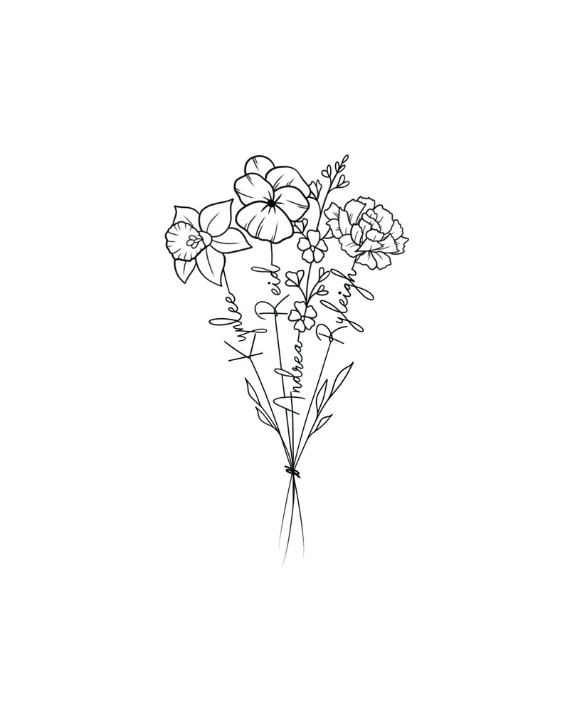May include: A black and white line drawing of a bouquet of flowers with the names "Kymlee", "Andrea Reid", and "Ryleigh" written on the stems.