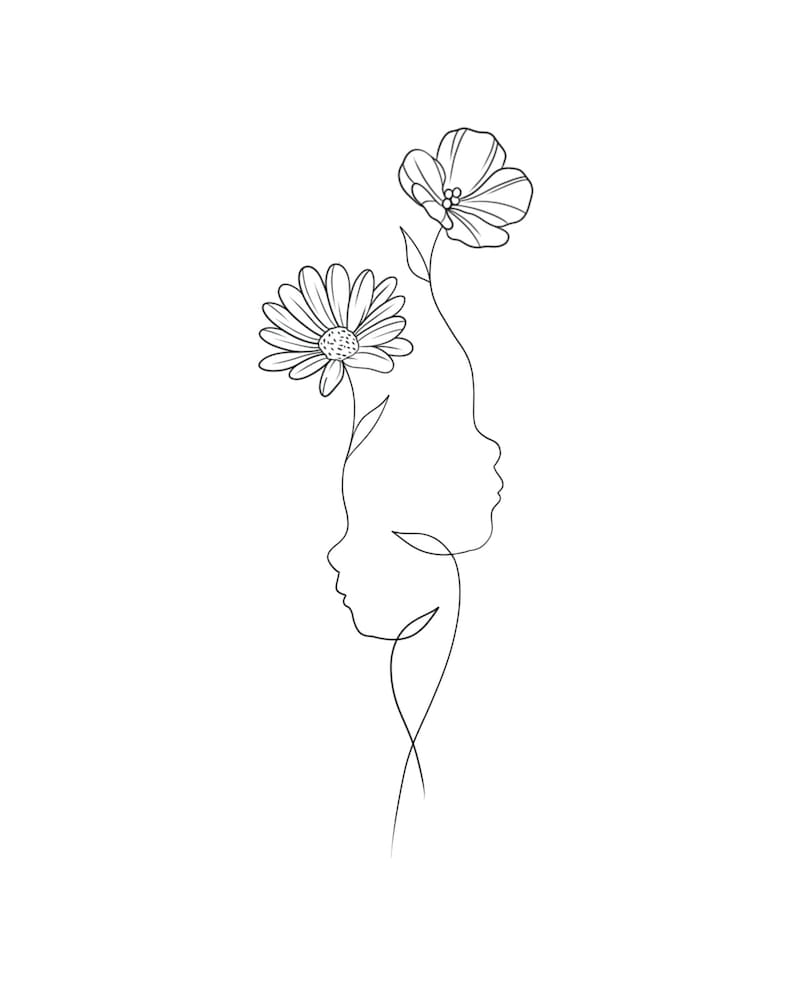 May include: A black and white line drawing of two faces and two flowers. The flowers are a daisy and a poppy. The faces are in profile, and the stems of the flowers form the outline of the faces.