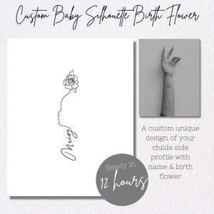 Minimalistische benutzerdefinierte Baby Seitenprofil Geburt Blume / Name Digital Tattoo Design Druckbare JPEG PNG SVG