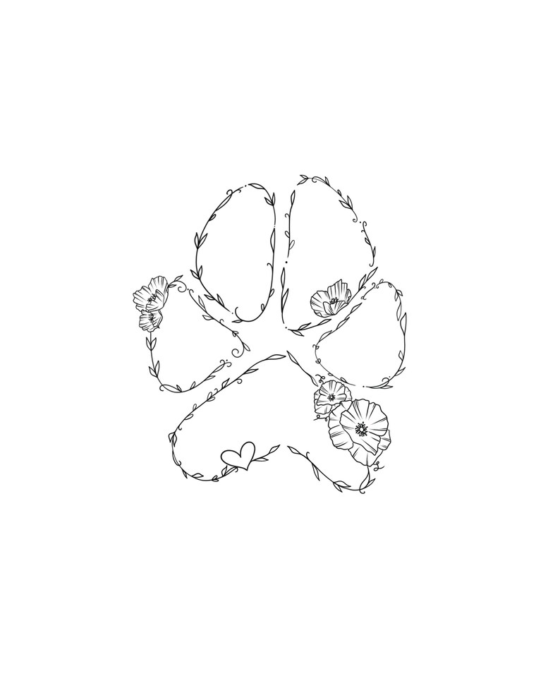 Custom Pet Memorial Paw Print Tattoo | Floral Cat Dog Loss Art | Minimalist Line Tattoo Digital Download SVG PNG JPEG Embroidery Patterns image 9
