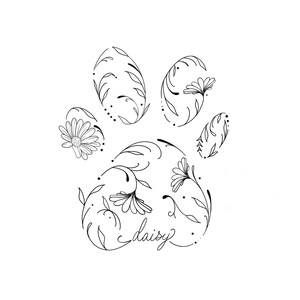 Custom Pet Memorial Paw Print Tattoo | Floral Cat Dog Loss Art | Minimalist Line Tattoo Digital Download SVG PNG JPEG Embroidery Patterns image 5