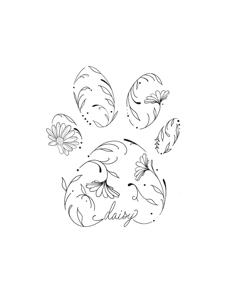 Custom Pet Memorial Paw Print Tattoo | Floral Cat Dog Loss Art | Minimalist Line Tattoo Digital Download SVG PNG JPEG Embroidery Patterns image 5