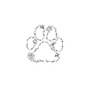 May include: A black and white line drawing of a paw print made of vines and flowers.
