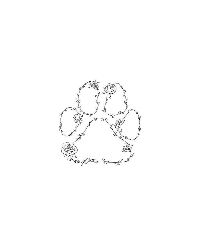 May include: A black and white line drawing of a paw print made of vines and flowers.