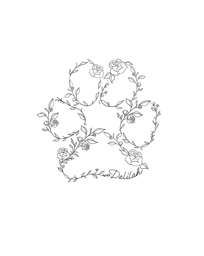 Custom Pet Memorial Paw Print Tattoo | Floral Cat Dog Loss Art | Minimalist Line Tattoo Digital Download SVG PNG JPEG Embroidery Patterns image 7