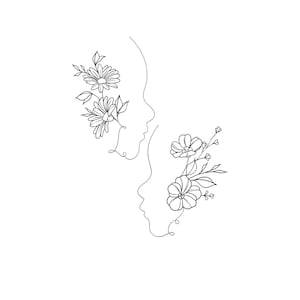 Może przedstawiać: Minimalistyczna ilustracja liniowa przedstawiająca dwa profile zwrócone ku sobie, każdy ozdobiony kwiatowymi wzorami. Grafika wykorzystuje czarne linie na białym tle, tworząc prostą, ale elegancką kompozycję. Elementy kwiatowe dodają projektowi odrobinę natury.