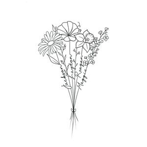 May include: A black and white line drawing of a bouquet of flowers with the names "Maggie", "Reagan", "Clayton", and "Jackson" written on the stems.