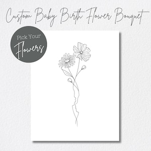 May include: A line drawing of a bouquet of flowers with two different types of flowers. The flowers are drawn in a minimalist style with thin lines. The text "Pick Your Flowers" is in a circle at the top of the image.