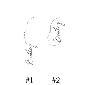 May include: Two line drawings of a baby's profile with the name Bentley written vertically along the side of each profile. The first profile is facing left and the second profile is facing right. The text below the drawings reads #1 and #2.