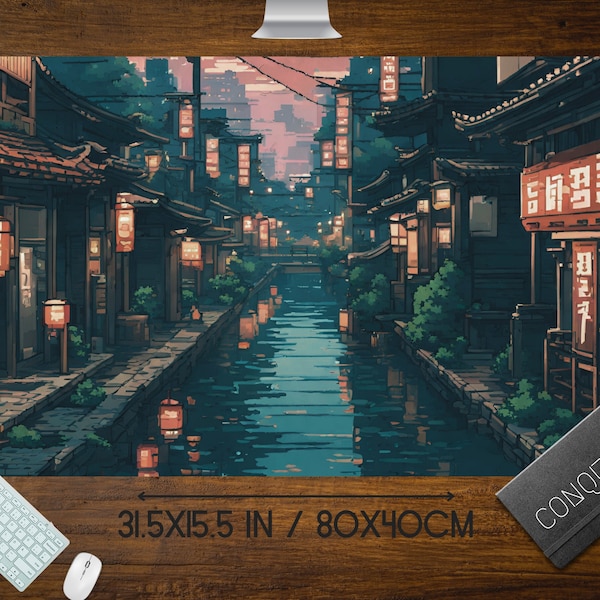 Japanese Street Pixel Art Mouse Pad, Anime Pixel Art lo-fi Aesthetic, Cute Japan Desk Mat, xl RBG LED gaming desk pad, Tokyo Mt Fuji Sun