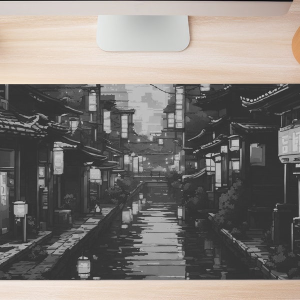 Japanese Street Pixel Art Mouse Pad, Anime Pixel Art lo-fi Aesthetic, Cute Japan Desk Mat, xl RBG LED gaming desk pad, Tokyo Mt Fuji Sun