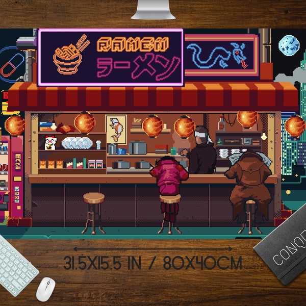 Japanische Ramen Food Stall Pixel Art Mauspad, Anime Pixel Art lo-fi Ästhetik, süße Japan Schreibtischunterlage, XL RBG LED Gaming Schreibtischunterlage, Tokyo Fuji