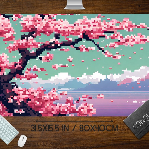 Japanische Sakura-Baum-Pixel-Art-Mausunterlage, Anime-Pixel-Art-Lo-Fi-Ästhetik, niedliche Japan-Schreibtischunterlage, xl RBG LED-Gaming-Schreibtischunterlage, Tokyo Mt Fuji