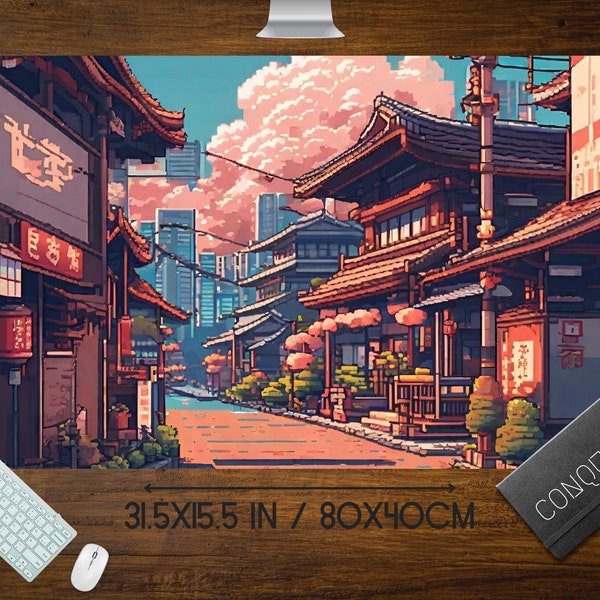 Japanische Straßenlandschaft Pixel Art Maus Pad, Anime Pixel Art lo-fi Ästhetik, niedliche Japan Schreibtischmatte, xl RBG LED Gaming Schreibtischunterlage, Tokyo Mt Fuji
