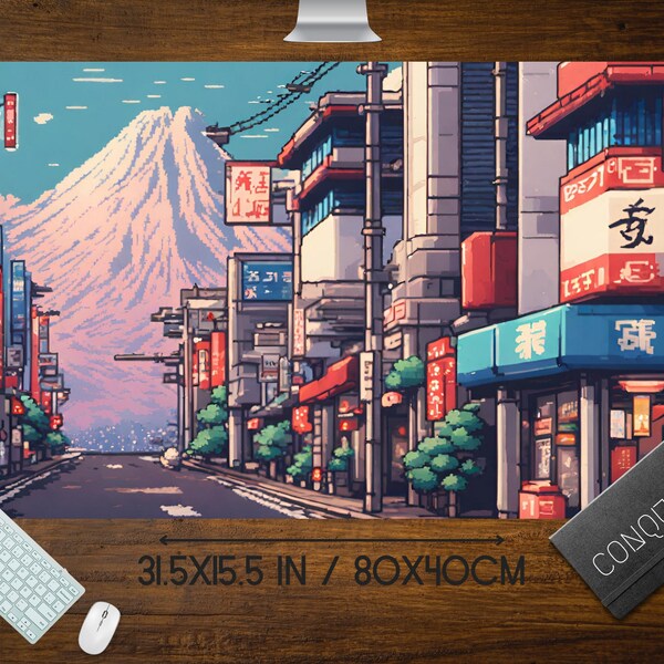 Japanischer Convenience Store Konbini Pixel Art Mauspad, Anime lo-fi Ästhetik, niedliche Japan Schreibtischmatte, XL RBG LED Gaming Schreibtischunterlage, Tokyo Mt Fuji