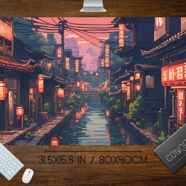 Japanese Street Pixel Art Mouse Pad, Anime Pixel Art lo-fi Aesthetic, Cute Japan Desk Mat, xl RBG LED gaming desk pad, Tokyo Mt Fuji Sun