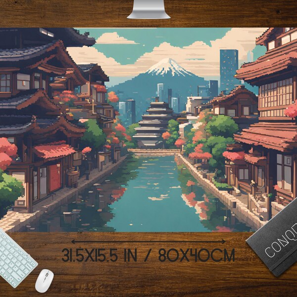 Japanische Natur-Pixel-Art-Mausunterlage, Anime-Pixel-Art-Lo-Fi-Ästhetik, niedliche Japan-Dorf-Schreibtischmatte, XL RBG LED-Gaming-Schreibtischunterlage, Tokyo Mt Fuji