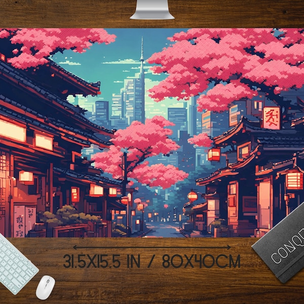 Japanese Sakura Tree Street Pixel Art Mouse Pad, Anime Pixel Art lo-fi Aesthetic, Cute Japan Desk Mat, xl RBG LED gaming desk pad, Tokyo