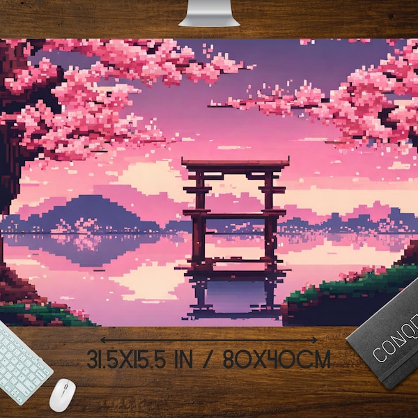 Pink Sakura japanische Pixel Art Mauspad, Anime Pixel Art lo-fi Ästhetik, niedliche Japan Schreibtischunterlage, XL RBG LED Gaming Schreibtischunterlage, Tokyo Mt Fuji