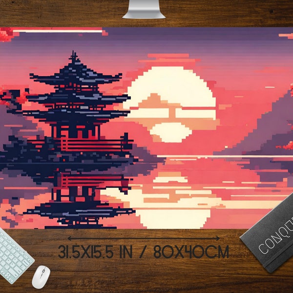 Japanischer Tempel Pixel Art Mauspad, Anime Pixel Art lo-fi Ästhetik, niedliche Japan Schreibtischmatte, xl RBG LED Gaming Schreibtischunterlage, Tokyo Mt Fuji Sun