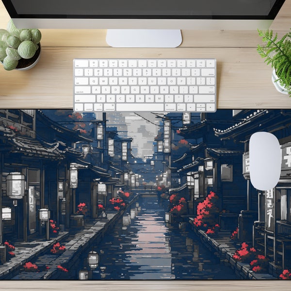 Japanische Straßen-Pixel-Art-Mausunterlage, Anime-Pixel-Art-Lo-Fi-Ästhetik, niedliche Japan-Schreibtischmatte, xl RBG LED-Gaming-Schreibtischunterlage, Tokyo Mt Fuji Sun