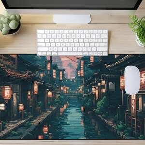 Japanese Street Pixel Art Mouse Pad, Anime Pixel Art lo-fi Aesthetic, Cute Japan Desk Mat, xl RBG LED gaming desk pad, Tokyo Mt Fuji Sun image 2