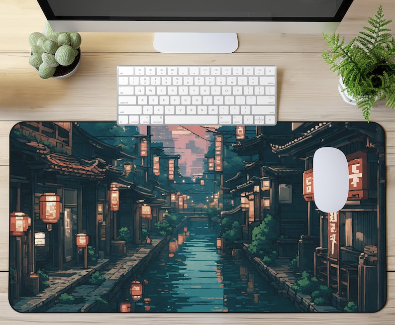 Japanese Street Pixel Art Mouse Pad, Anime Pixel Art lo-fi Aesthetic, Cute Japan Desk Mat, xl RBG LED gaming desk pad, Tokyo Mt Fuji Sun image 2