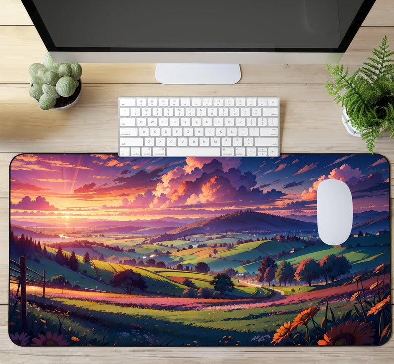 Cute Japanese Grassland Sunset Mouse Pad, Japan Wildlife Desk Mat