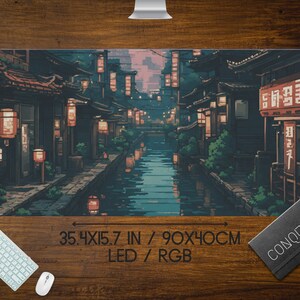 Japanese Street Pixel Art Mouse Pad, Anime Pixel Art lo-fi Aesthetic, Cute Japan Desk Mat, xl RBG LED gaming desk pad, Tokyo Mt Fuji Sun image 6