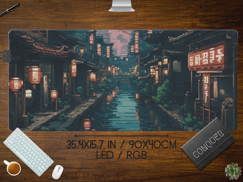 Japanese Street Pixel Art Mouse Pad, Anime Pixel Art lo-fi Aesthetic, Cute Japan Desk Mat, xl RBG LED gaming desk pad, Tokyo Mt Fuji Sun image 6