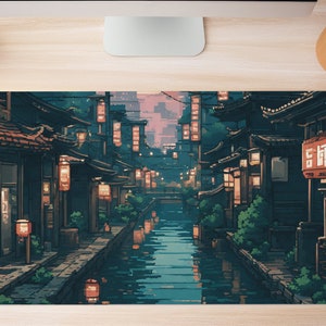 Japanese Street Pixel Art Mouse Pad, Anime Pixel Art lo-fi Aesthetic, Cute Japan Desk Mat, xl RBG LED gaming desk pad, Tokyo Mt Fuji Sun image 3