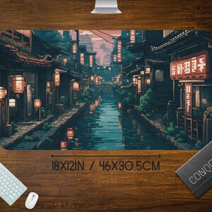 Japanese Street Pixel Art Mouse Pad, Anime Pixel Art lo-fi Aesthetic, Cute Japan Desk Mat, xl RBG LED gaming desk pad, Tokyo Mt Fuji Sun image 5